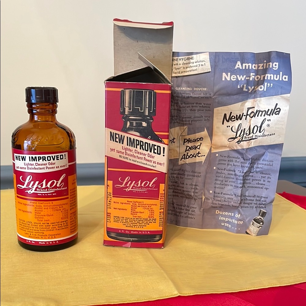 Vintage Lysol New Formula Disinfectant Bottle, Circular and Box